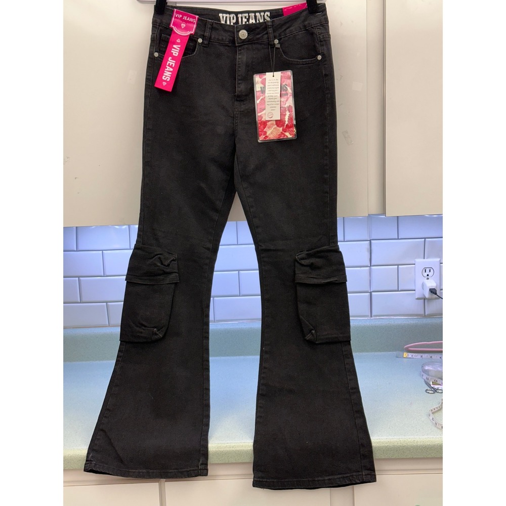 VIP Jeans Womens Black Cargo Flare Jeans Sculpting Stretch 1-61414BK-10F Size 11